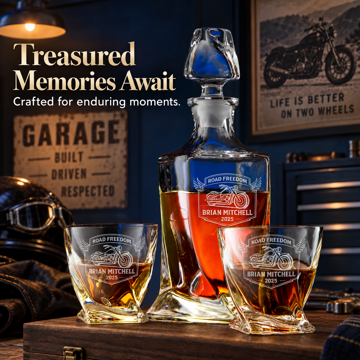 Gift for Car & Motorcycle Enthusiasts – Twisted Decanter Set with 2 Glasses, 6 Whiskey Bullets & Wooden Box product image