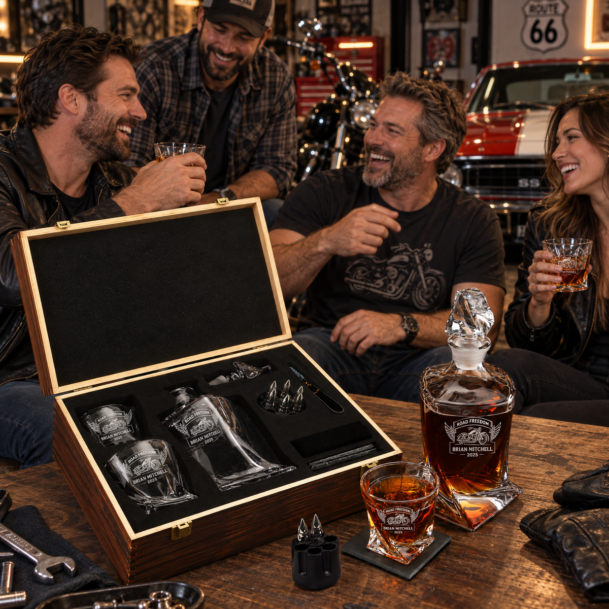 Gift for Car & Motorcycle Enthusiasts – Twisted Decanter Set with 2 Glasses, 6 Whiskey Bullets & Wooden Box – image 17