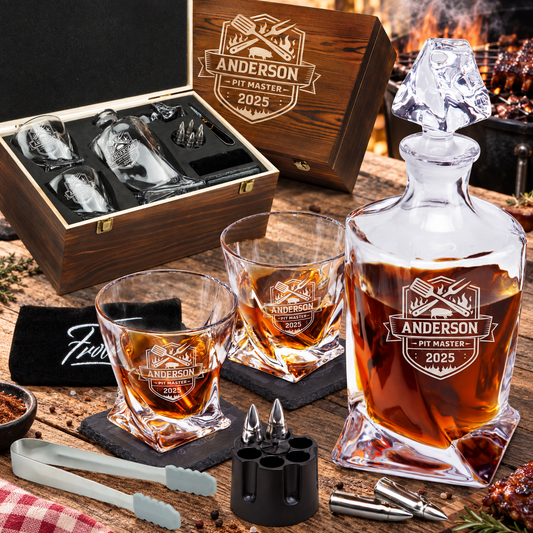 Gift for Grillmasters – Twisted Decanter Set with 2 Glasses, 6 Whiskey Bullets & Wooden Box – image 01
