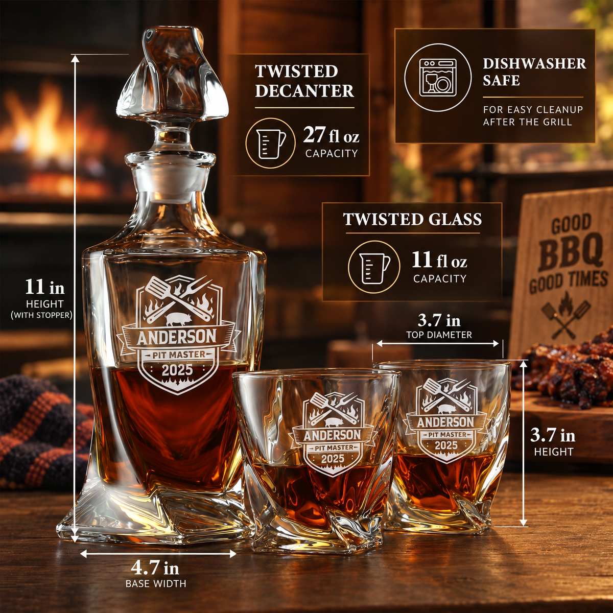 Gift for Grillmasters – Twisted Decanter Set with 2 Glasses, 6 Whiskey Bullets & Wooden Box – image 02