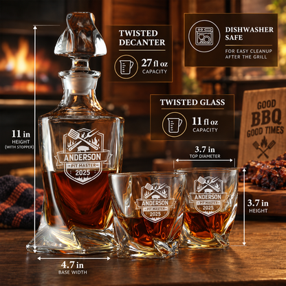 Gift for Grillmasters – Twisted Decanter Set with 2 Glasses, 6 Whiskey Bullets & Wooden Box – image 02