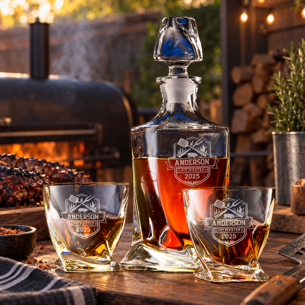 Gift for Grillmasters – Twisted Decanter Set with 2 Glasses, 6 Whiskey Bullets & Wooden Box product image
