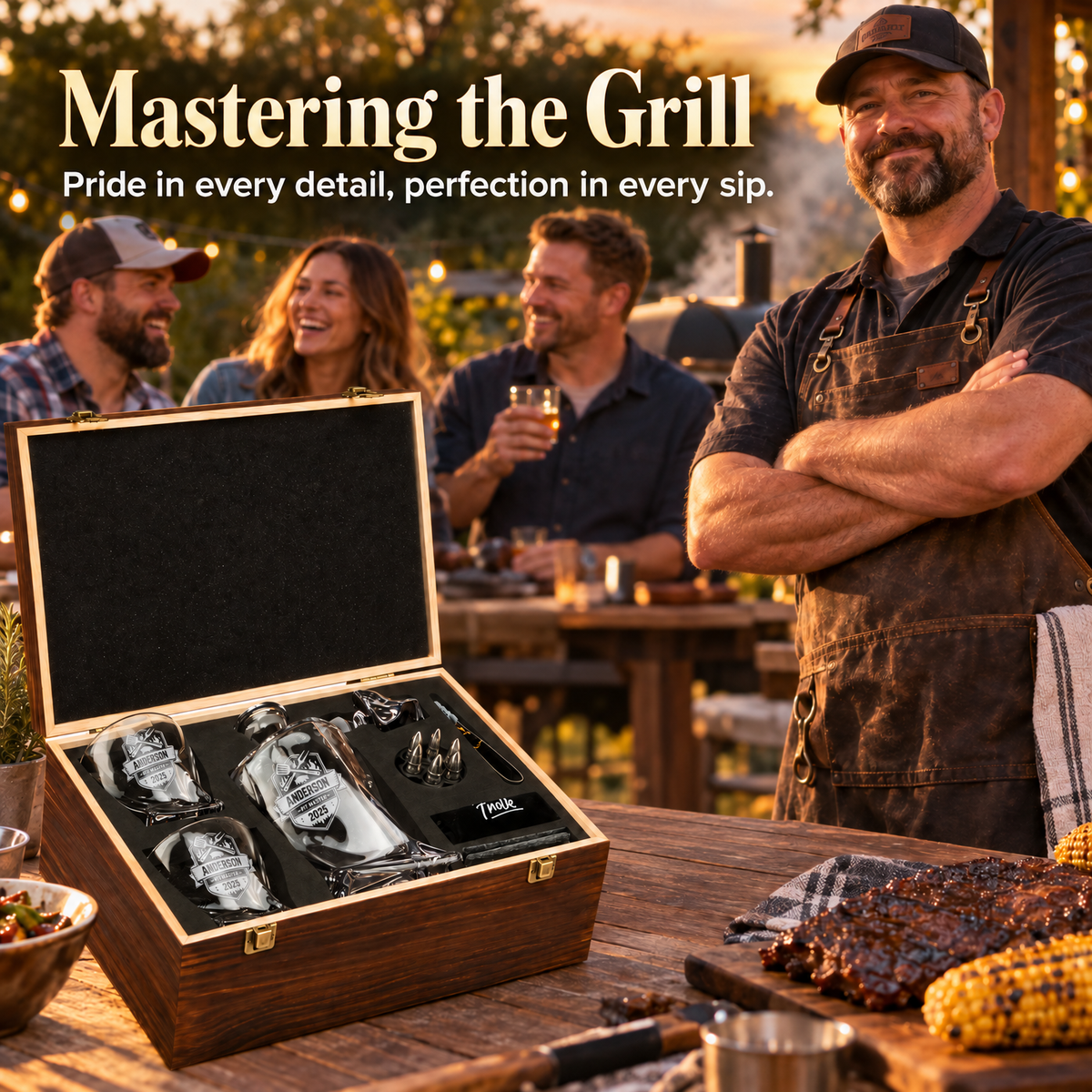 Gift for Grillmasters – Twisted Decanter Set with 2 Glasses, 6 Whiskey Bullets & Wooden Box – image 07