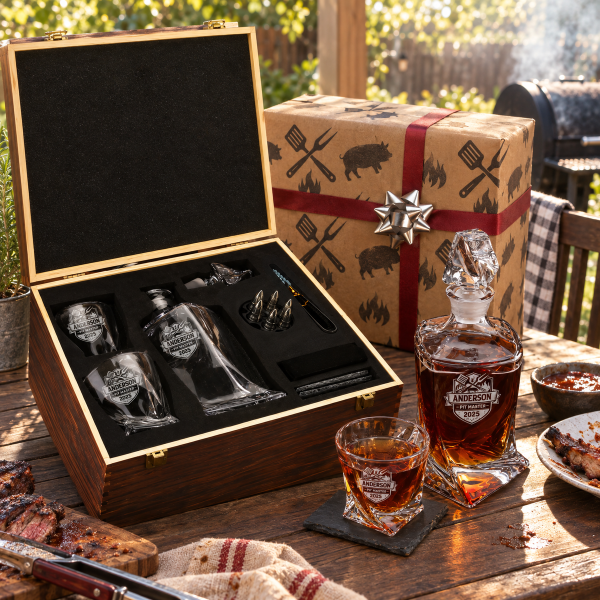 Gift for Grillmasters – Twisted Decanter Set with 2 Glasses, 6 Whiskey Bullets & Wooden Box product image