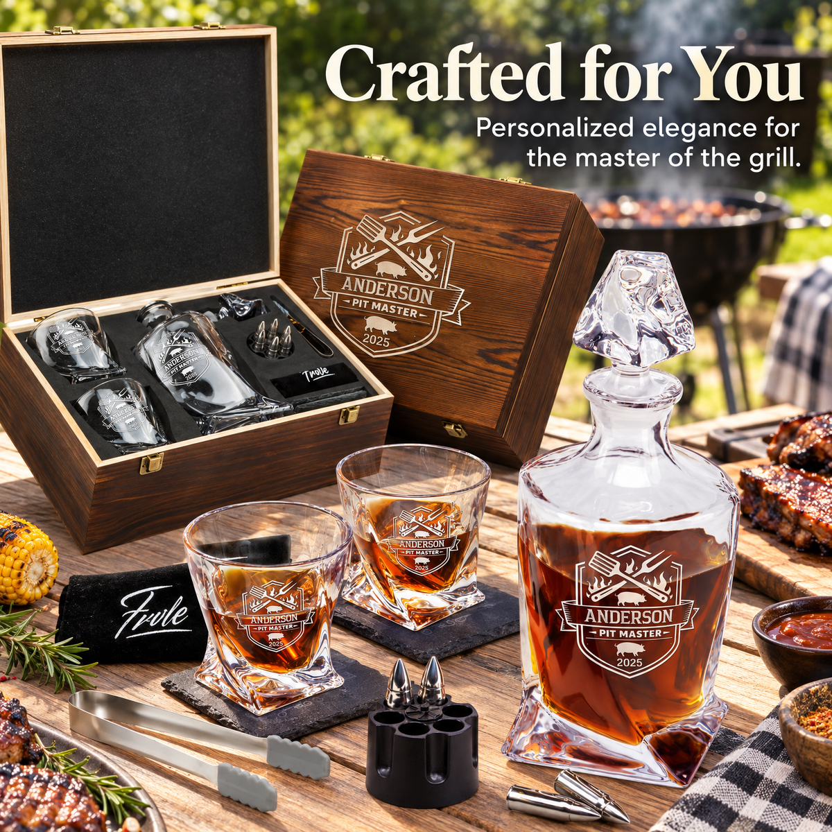 Gift for Grillmasters – Twisted Decanter Set with 2 Glasses, 6 Whiskey Bullets & Wooden Box – image 12