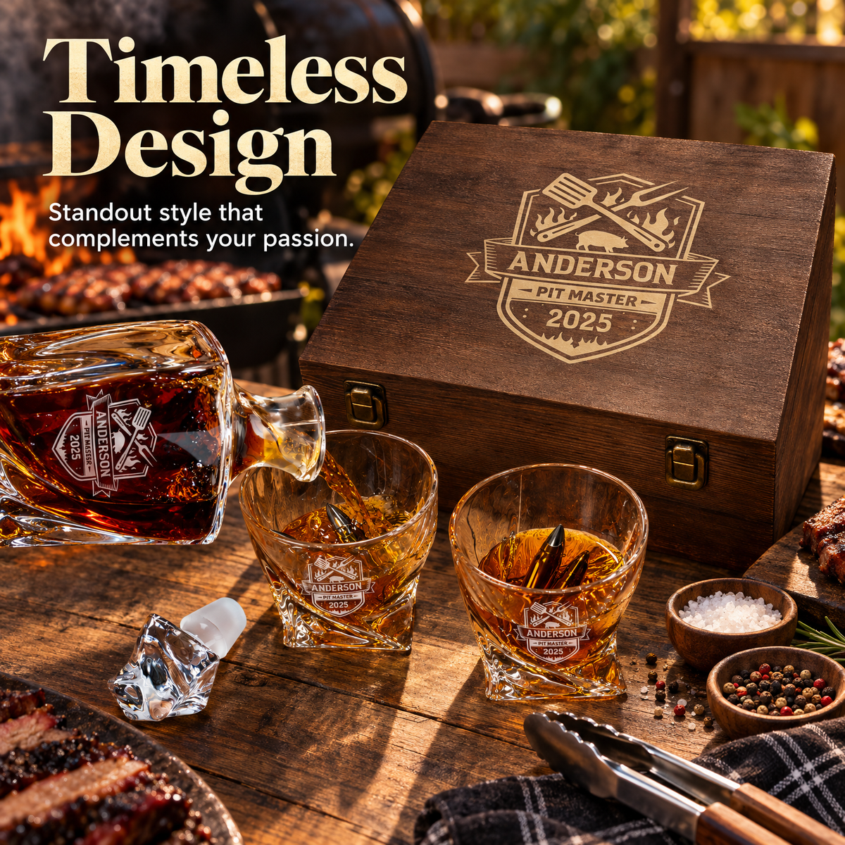 Gift for Grillmasters – Twisted Decanter Set with 2 Glasses, 6 Whiskey Bullets & Wooden Box – image 14