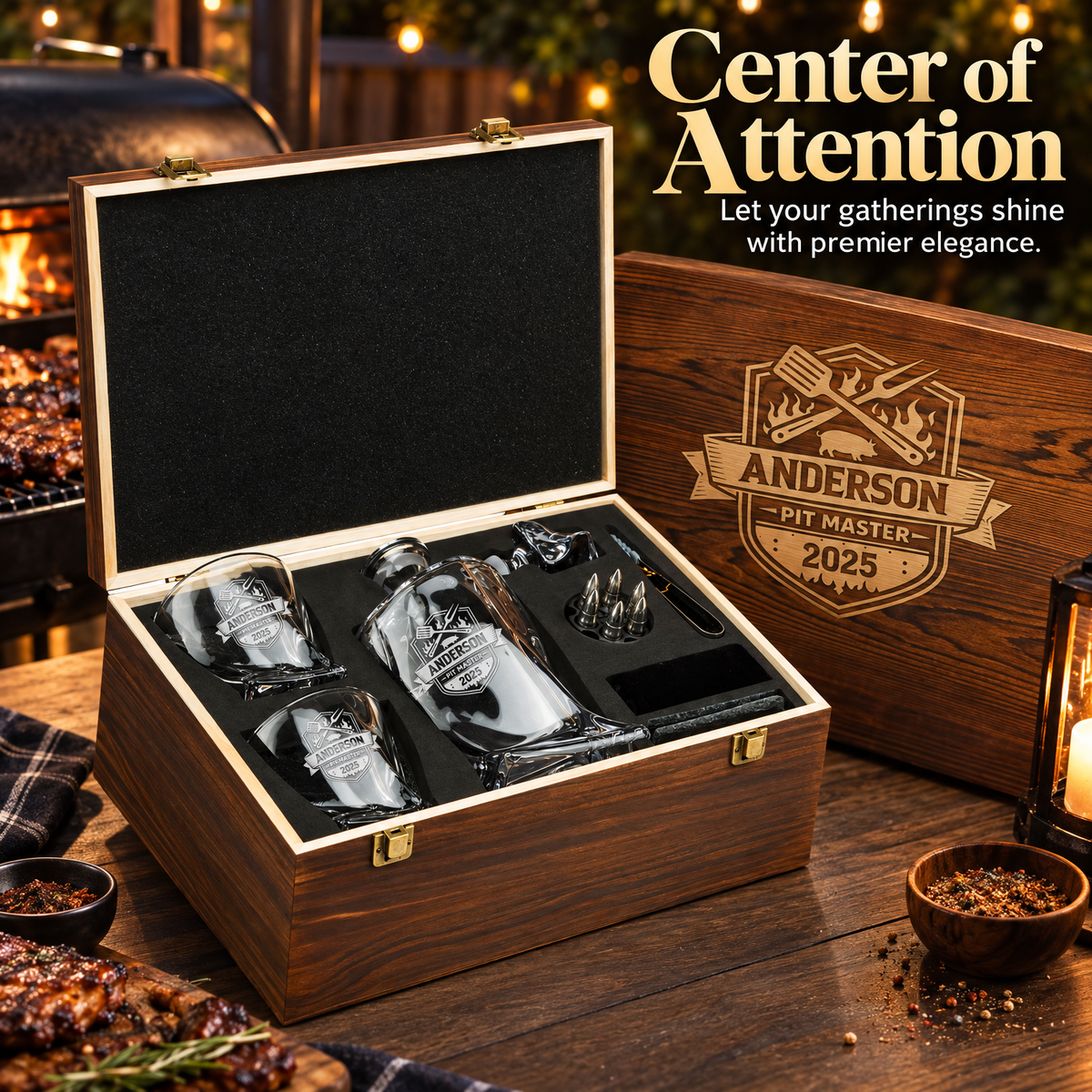 Gift for Grillmasters – Twisted Decanter Set with 2 Glasses, 6 Whiskey Bullets & Wooden Box product image