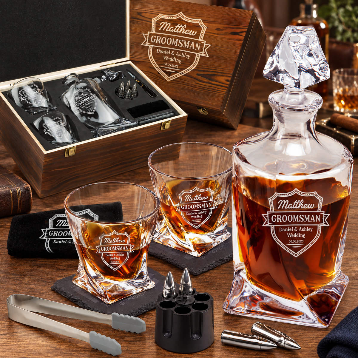 Groomsman Gift – Twisted Decanter Set with 2 Glasses, 6 Whiskey Bullets & Wooden Box product image