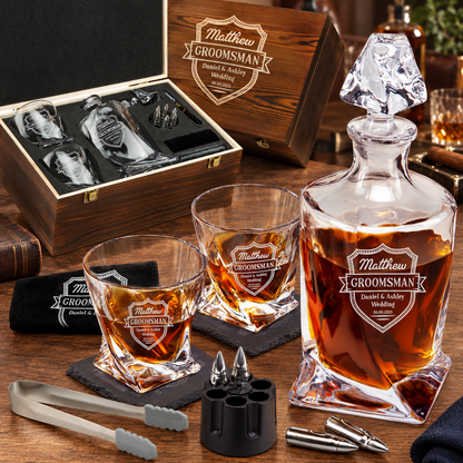 Groomsman Gift – Twisted Decanter Set with 2 Glasses, 6 Whiskey Bullets & Wooden Box – image 01