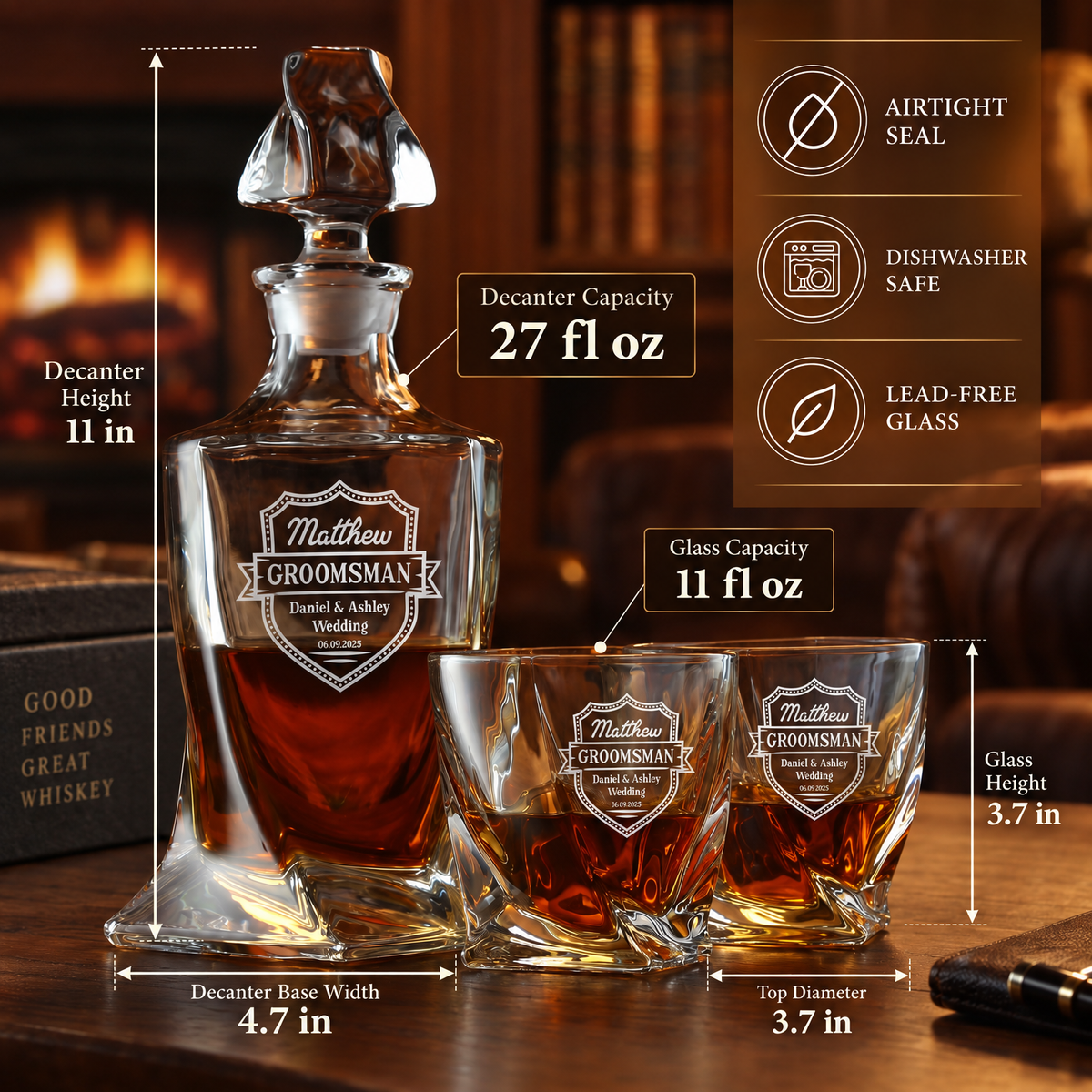 Groomsman Gift – Twisted Decanter Set with 2 Glasses, 6 Whiskey Bullets & Wooden Box – image 02