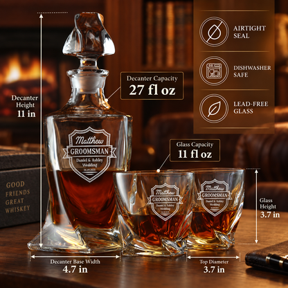Groomsman Gift – Twisted Decanter Set with 2 Glasses, 6 Whiskey Bullets & Wooden Box – image 02