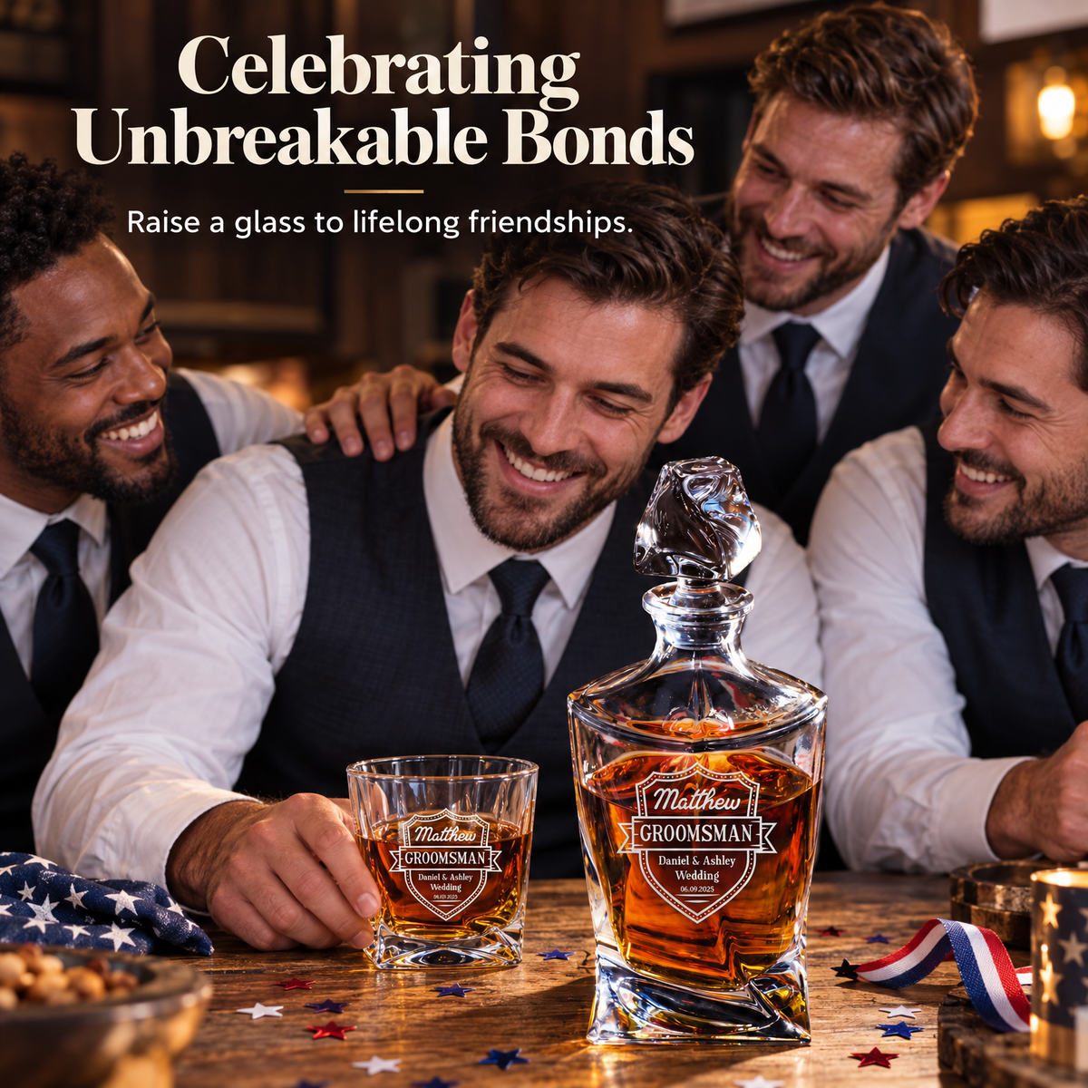 Groomsman Gift – Twisted Decanter Set with 2 Glasses, 6 Whiskey Bullets & Wooden Box – image 03