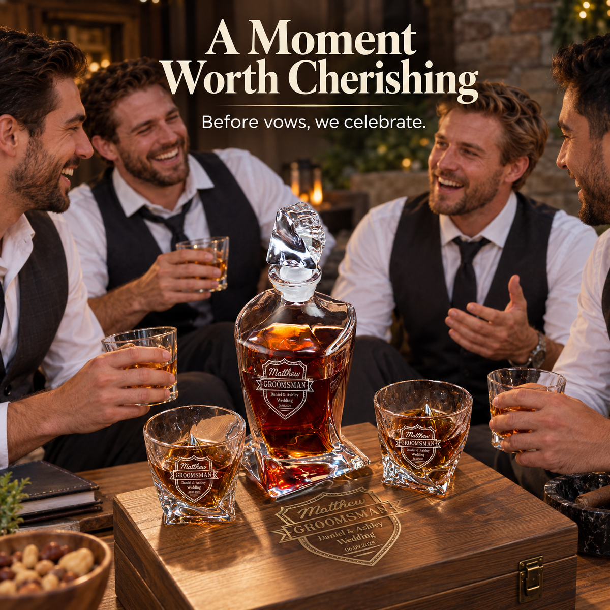 Groomsman Gift – Twisted Decanter Set with 2 Glasses, 6 Whiskey Bullets & Wooden Box – image 05