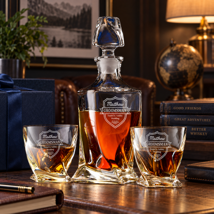 Groomsman Gift – Twisted Decanter Set with 2 Glasses, 6 Whiskey Bullets & Wooden Box – image 06