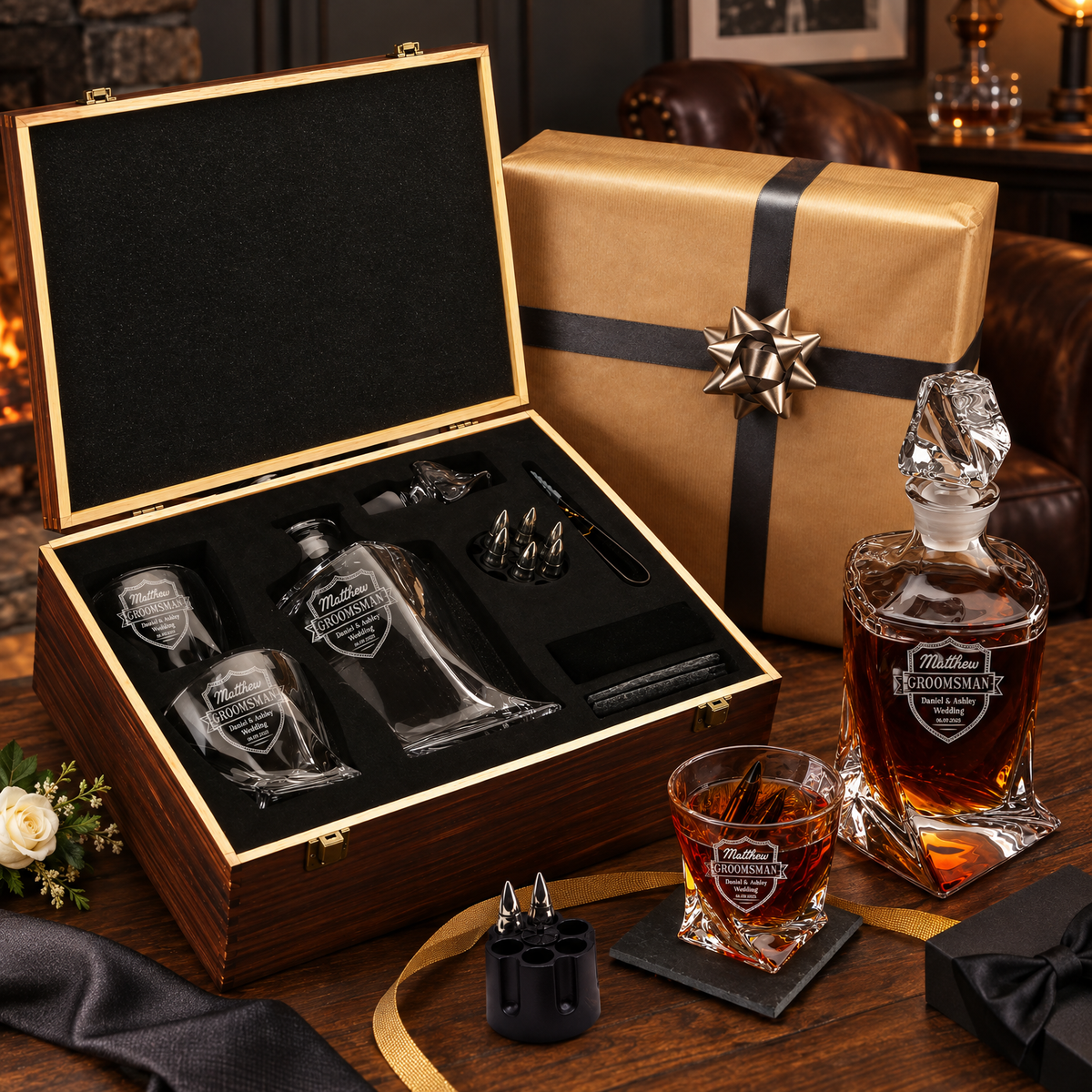 Groomsman Gift – Twisted Decanter Set with 2 Glasses, 6 Whiskey Bullets & Wooden Box product image
