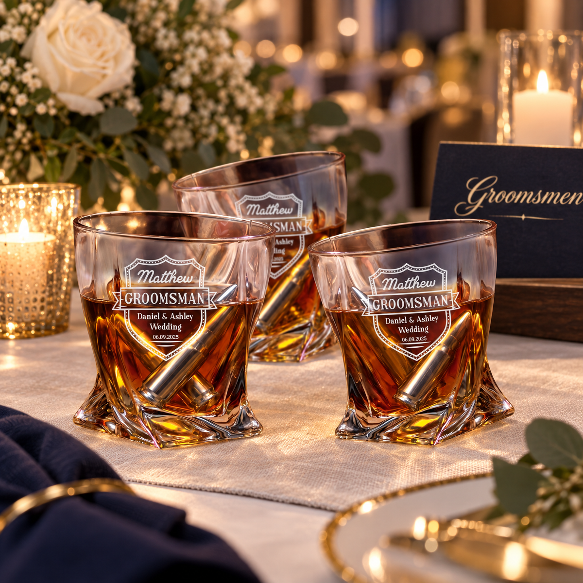 Groomsman Gift – Twisted Decanter Set with 2 Glasses, 6 Whiskey Bullets & Wooden Box product image