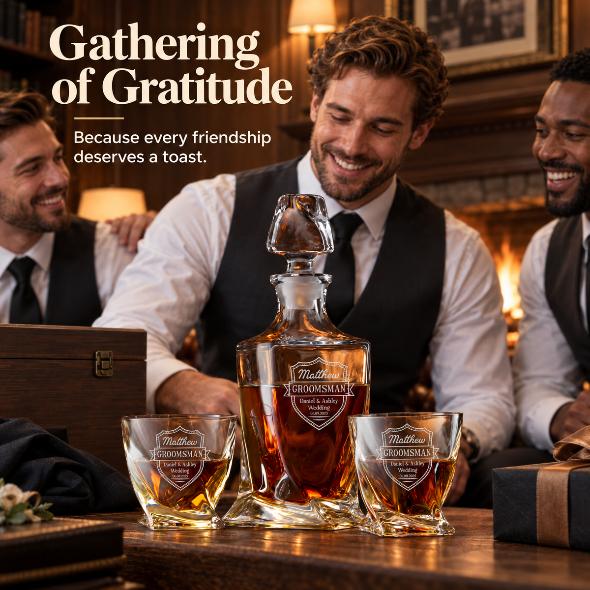 Groomsman Gift – Twisted Decanter Set with 2 Glasses, 6 Whiskey Bullets & Wooden Box product image