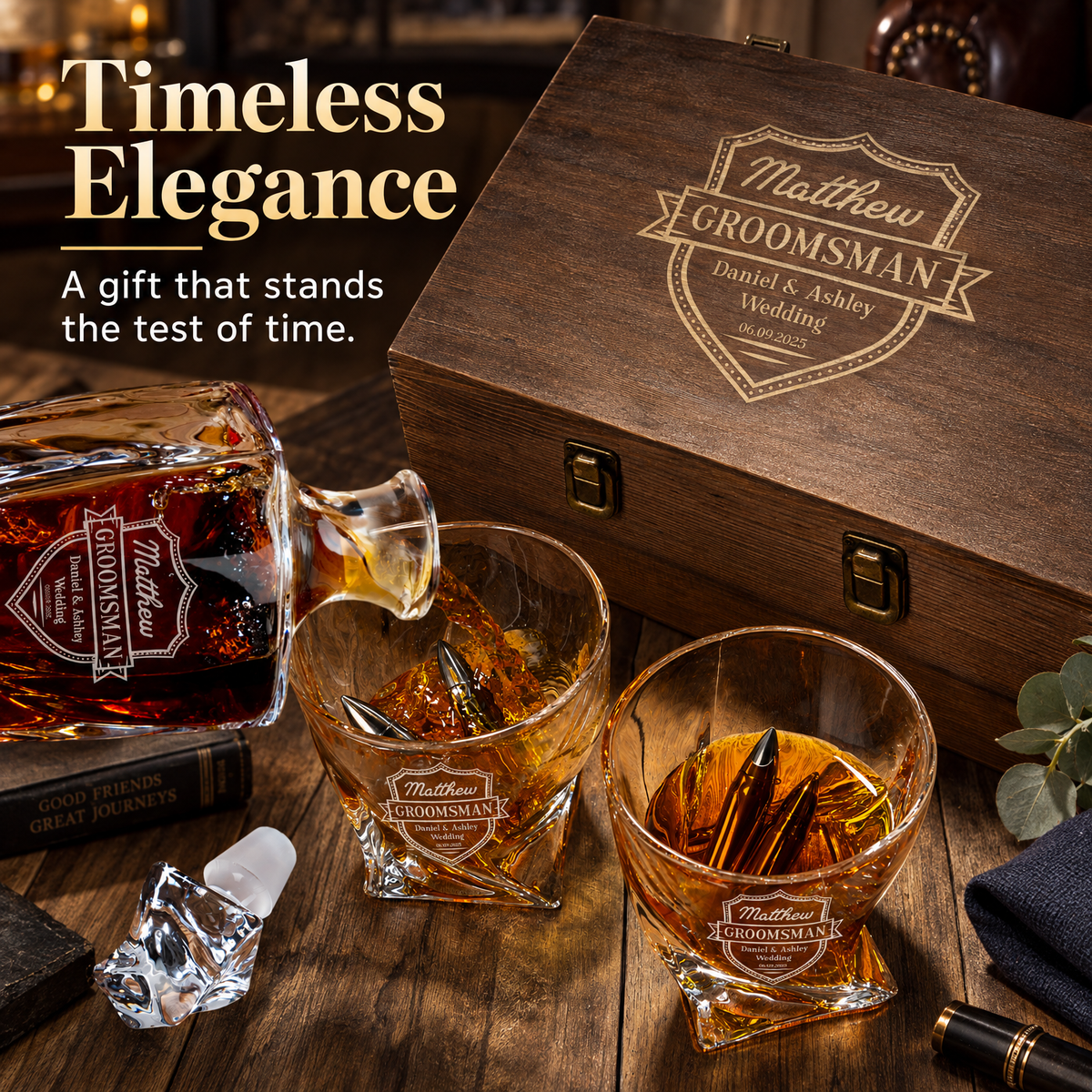 Groomsman Gift – Twisted Decanter Set with 2 Glasses, 6 Whiskey Bullets & Wooden Box – image 14