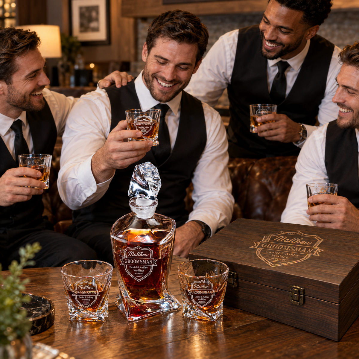 Groomsman Gift – Twisted Decanter Set with 2 Glasses, 6 Whiskey Bullets & Wooden Box – image 15