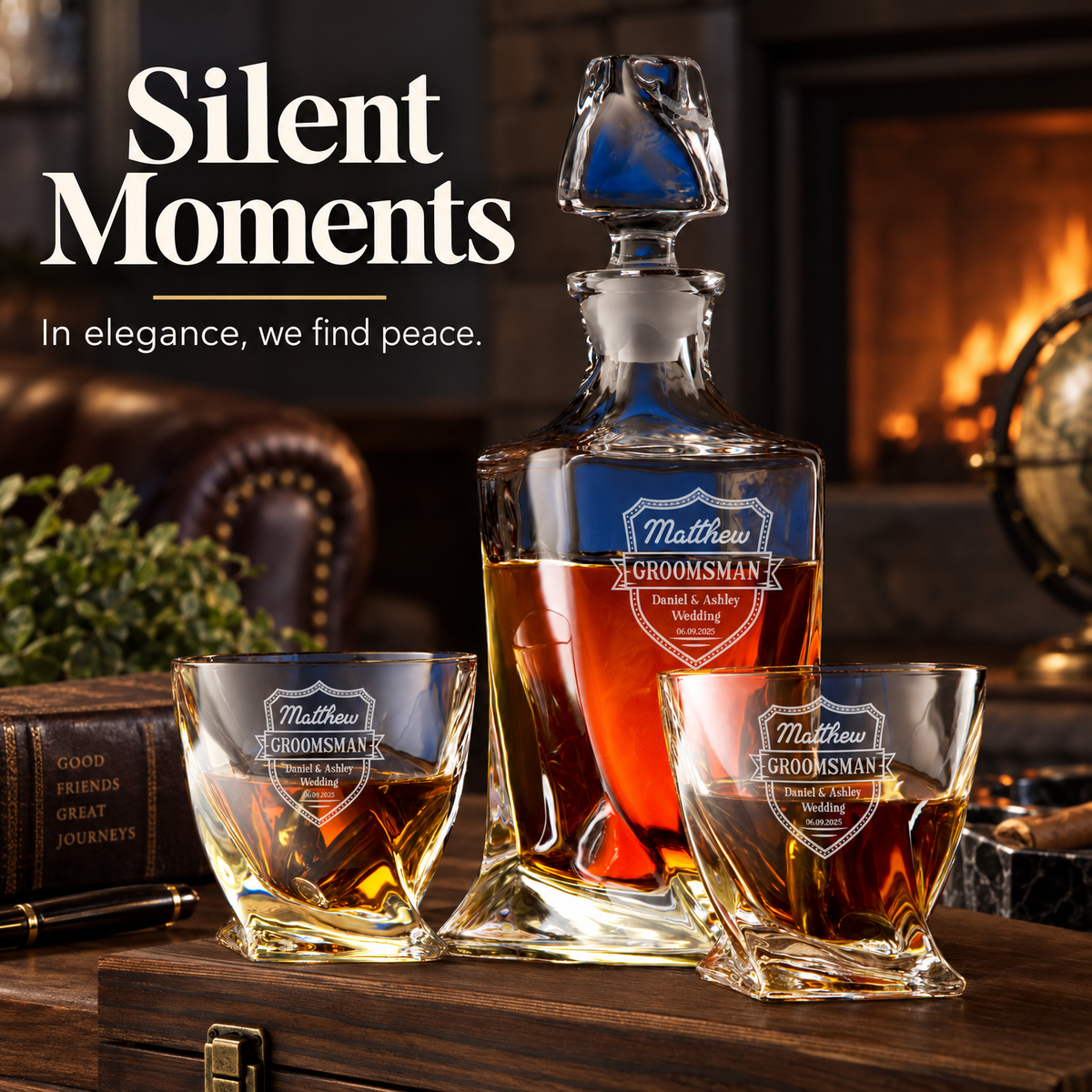 Groomsman Gift – Twisted Decanter Set with 2 Glasses, 6 Whiskey Bullets & Wooden Box product image