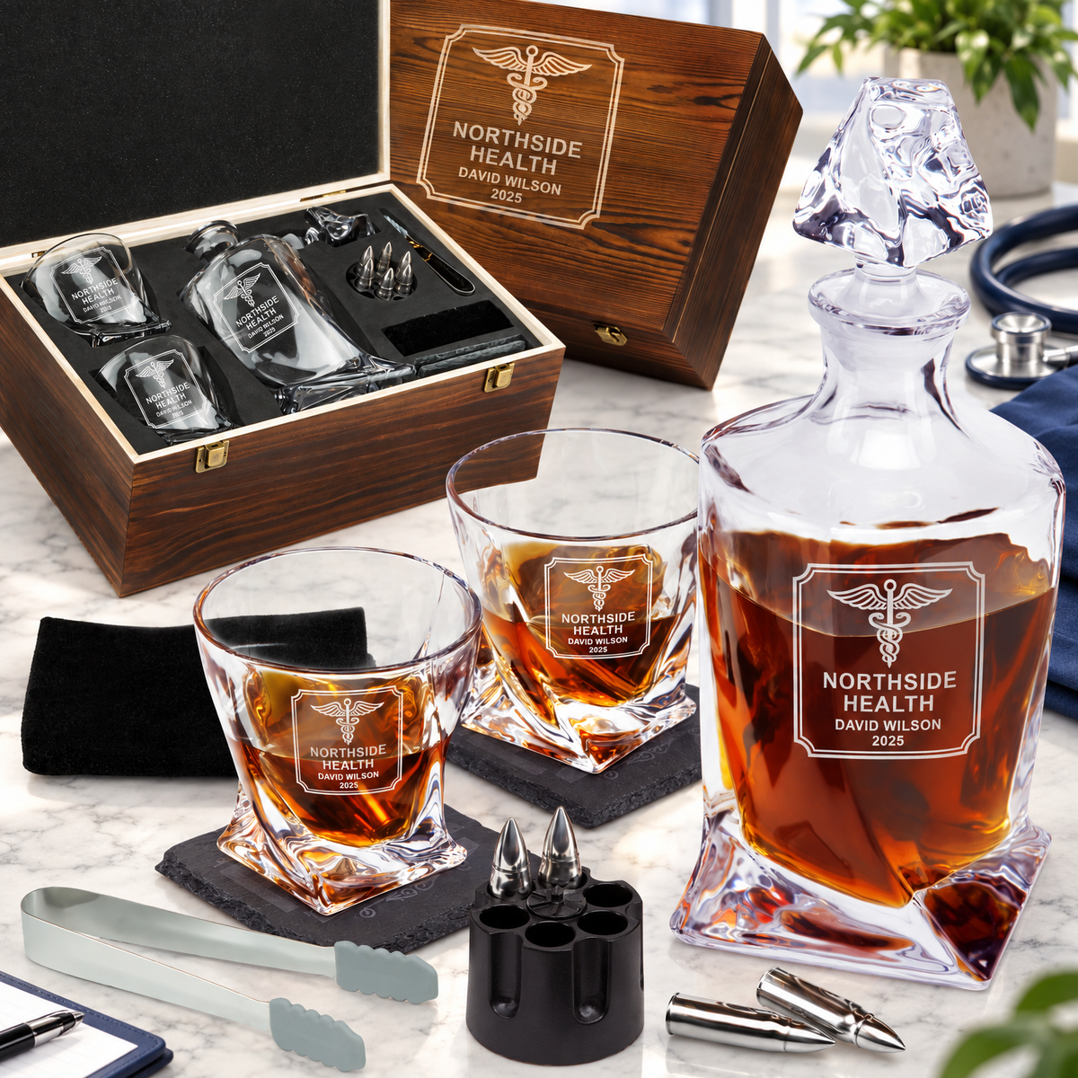 Healthcare Company Gifts – Twisted Decanter Set with 2 Glasses, 6 Whiskey Bullets & Wooden Box – image 01