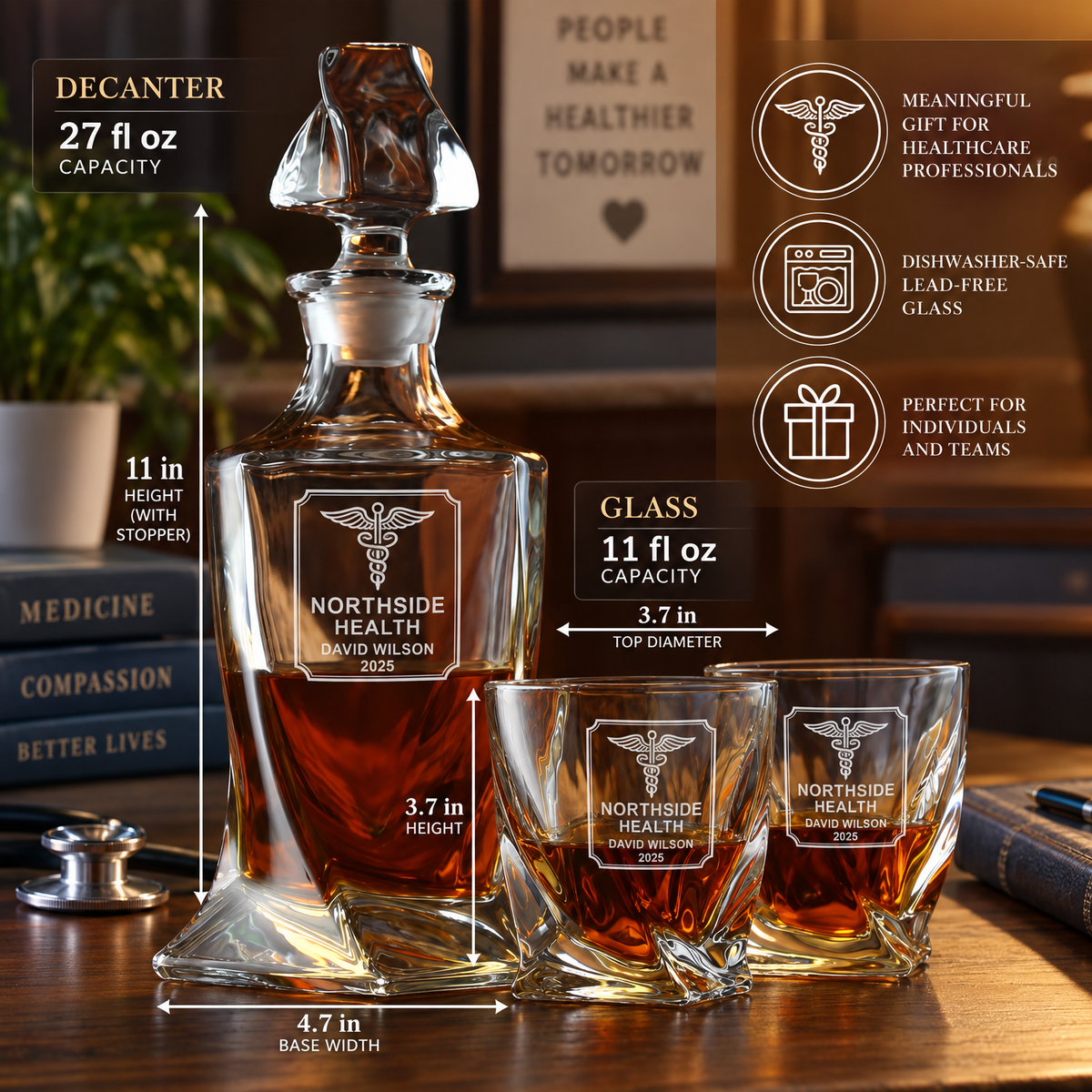 Healthcare Company Gifts – Twisted Decanter Set with 2 Glasses, 6 Whiskey Bullets & Wooden Box product image