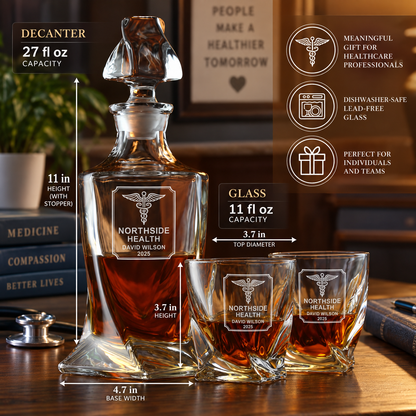 Healthcare Company Gifts – Twisted Decanter Set with 2 Glasses, 6 Whiskey Bullets & Wooden Box – image 02