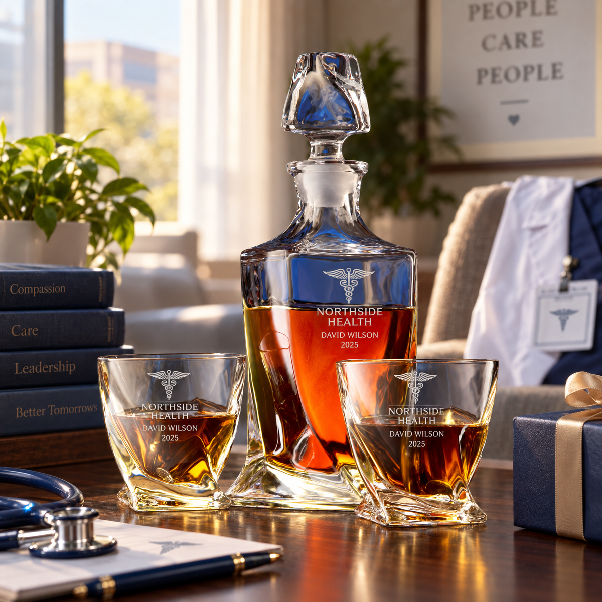 Healthcare Company Gifts – Twisted Decanter Set with 2 Glasses, 6 Whiskey Bullets & Wooden Box – image 06