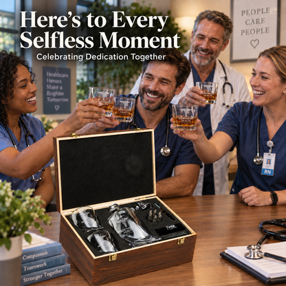 Healthcare Company Gifts – Twisted Decanter Set with 2 Glasses, 6 Whiskey Bullets & Wooden Box – image 07