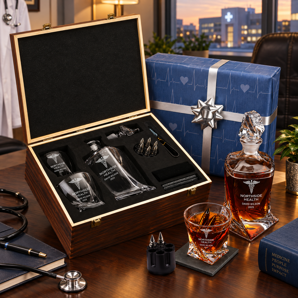 Healthcare Company Gifts – Twisted Decanter Set with 2 Glasses, 6 Whiskey Bullets & Wooden Box – image 08