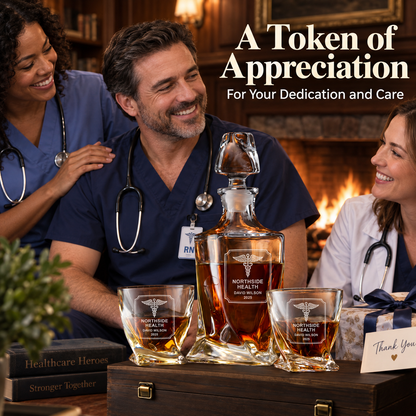 Healthcare Company Gifts – Twisted Decanter Set with 2 Glasses, 6 Whiskey Bullets & Wooden Box – image 11