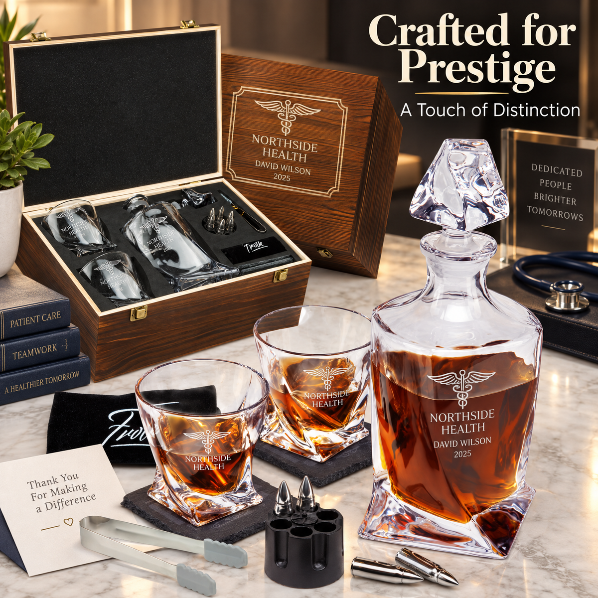 Healthcare Company Gifts – Twisted Decanter Set with 2 Glasses, 6 Whiskey Bullets & Wooden Box product image