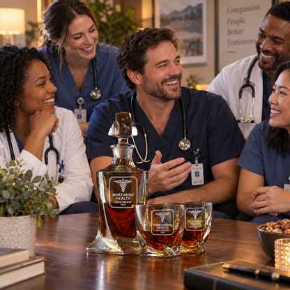 Healthcare Company Gifts – Twisted Decanter Set with 2 Glasses, 6 Whiskey Bullets & Wooden Box – image 13