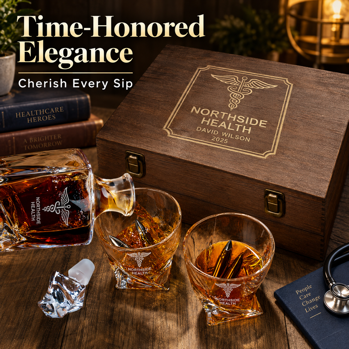 Healthcare Company Gifts – Twisted Decanter Set with 2 Glasses, 6 Whiskey Bullets & Wooden Box product image