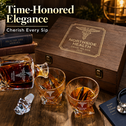 Healthcare Company Gifts – Twisted Decanter Set with 2 Glasses, 6 Whiskey Bullets & Wooden Box – image 14