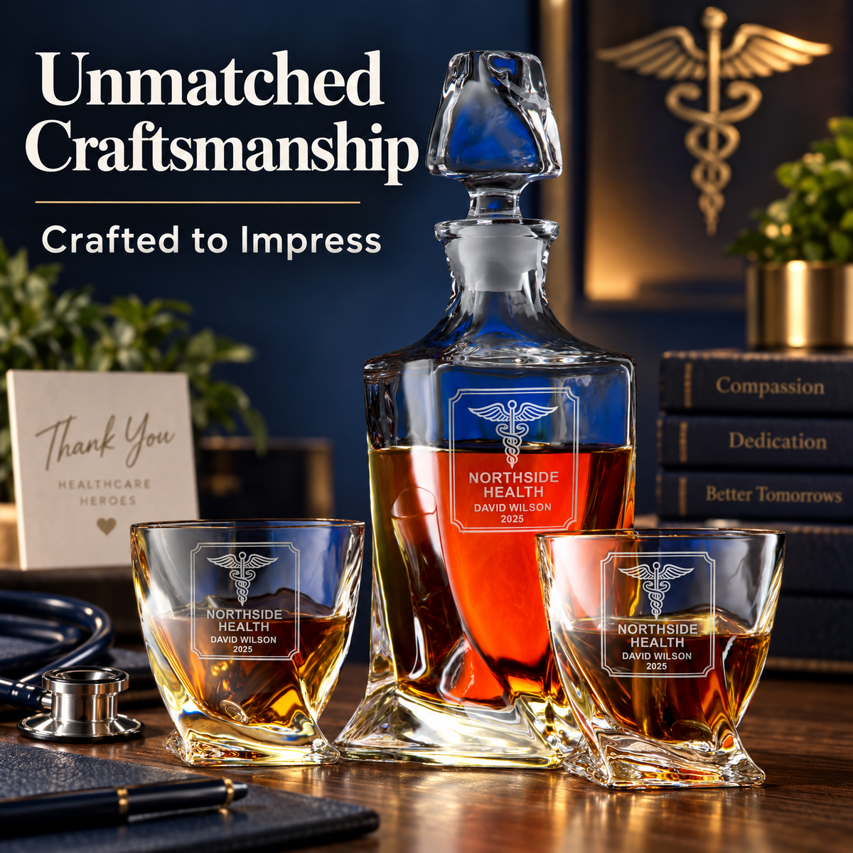 Healthcare Company Gifts – Twisted Decanter Set with 2 Glasses, 6 Whiskey Bullets & Wooden Box – image 16
