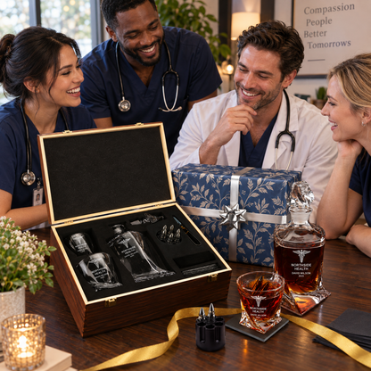 Healthcare Company Gifts – Twisted Decanter Set with 2 Glasses, 6 Whiskey Bullets & Wooden Box – image 17