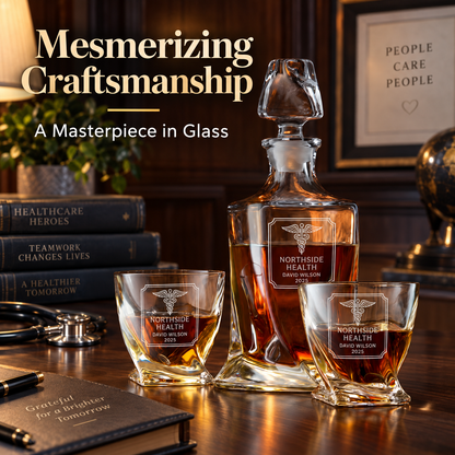 Healthcare Company Gifts – Twisted Decanter Set with 2 Glasses, 6 Whiskey Bullets & Wooden Box – image 18