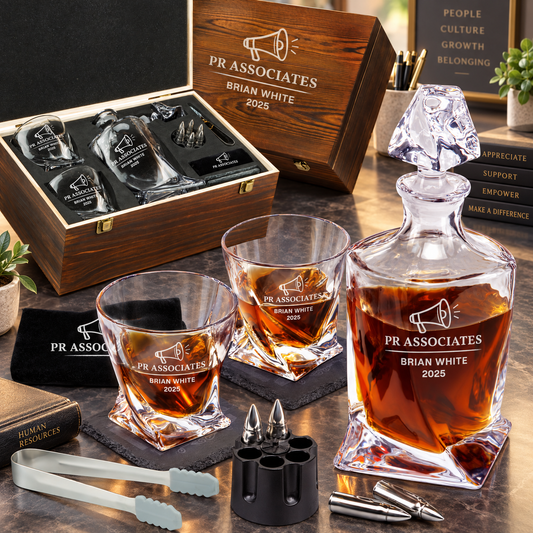 Human Resources Company Gifts – Twisted Decanter Set with 2 Glasses, 6 Whiskey Bullets & Wooden Box – image 01