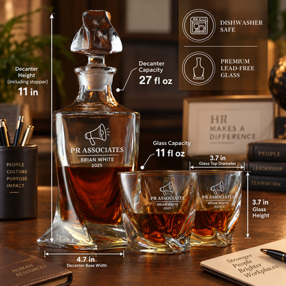 Human Resources Company Gifts – Twisted Decanter Set with 2 Glasses, 6 Whiskey Bullets & Wooden Box – image 02