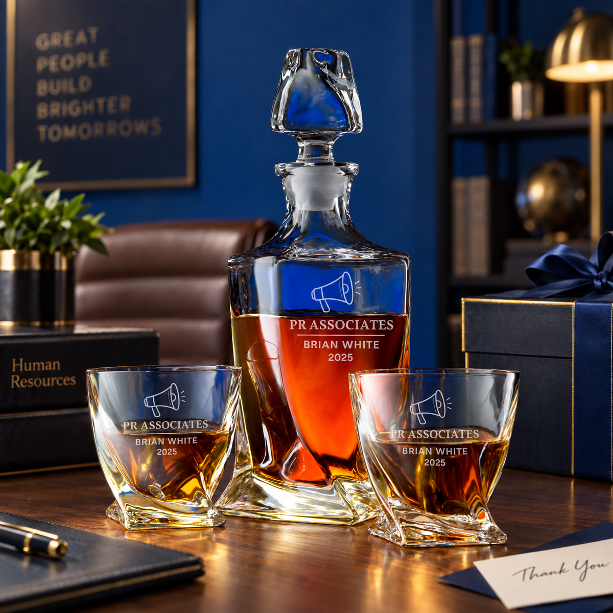 Human Resources Company Gifts – Twisted Decanter Set with 2 Glasses, 6 Whiskey Bullets & Wooden Box – image 06