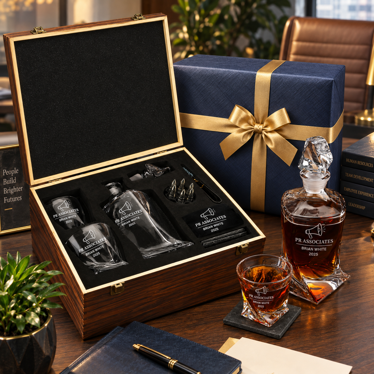 Human Resources Company Gifts – Twisted Decanter Set with 2 Glasses, 6 Whiskey Bullets & Wooden Box – image 08