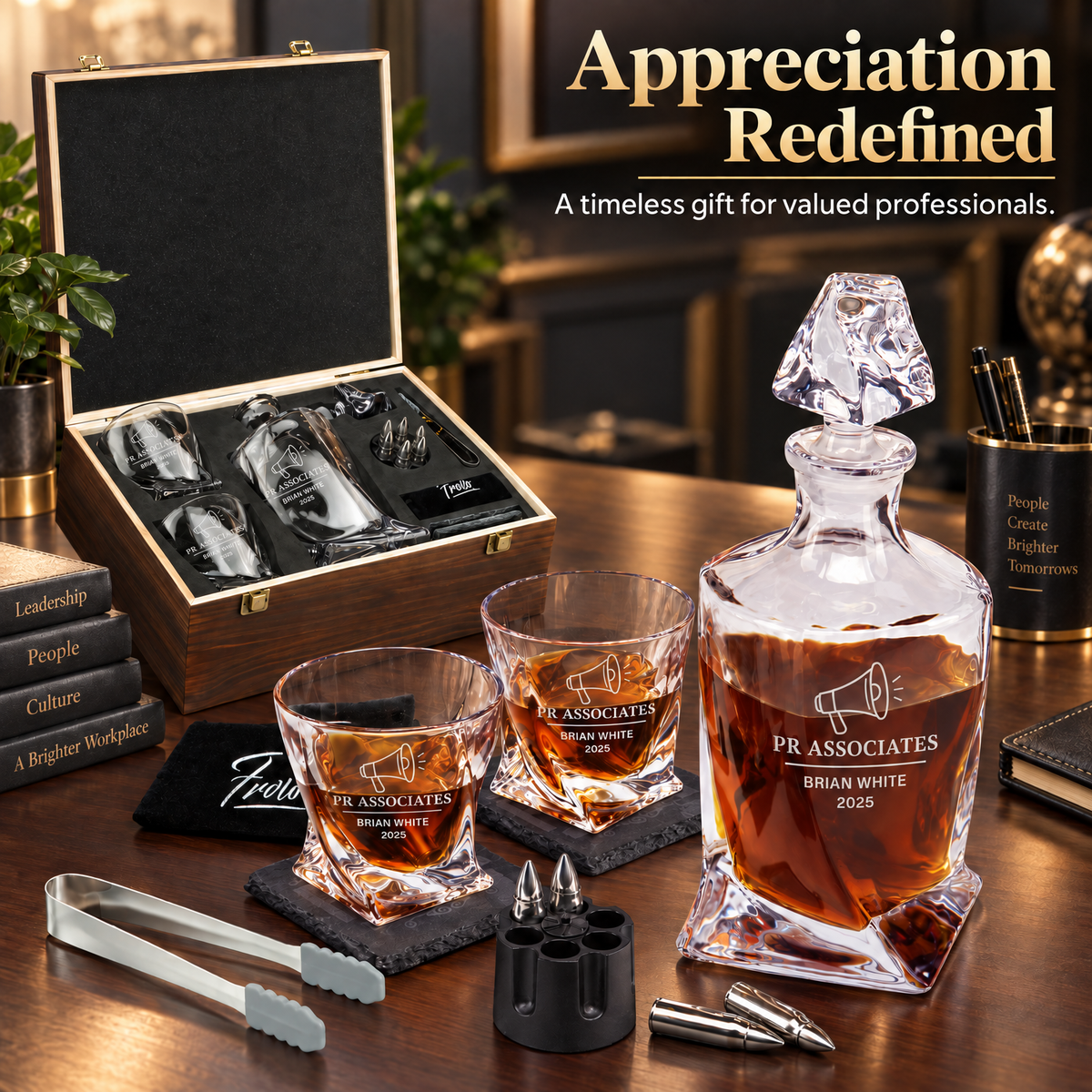 Human Resources Company Gifts – Twisted Decanter Set with 2 Glasses, 6 Whiskey Bullets & Wooden Box product image