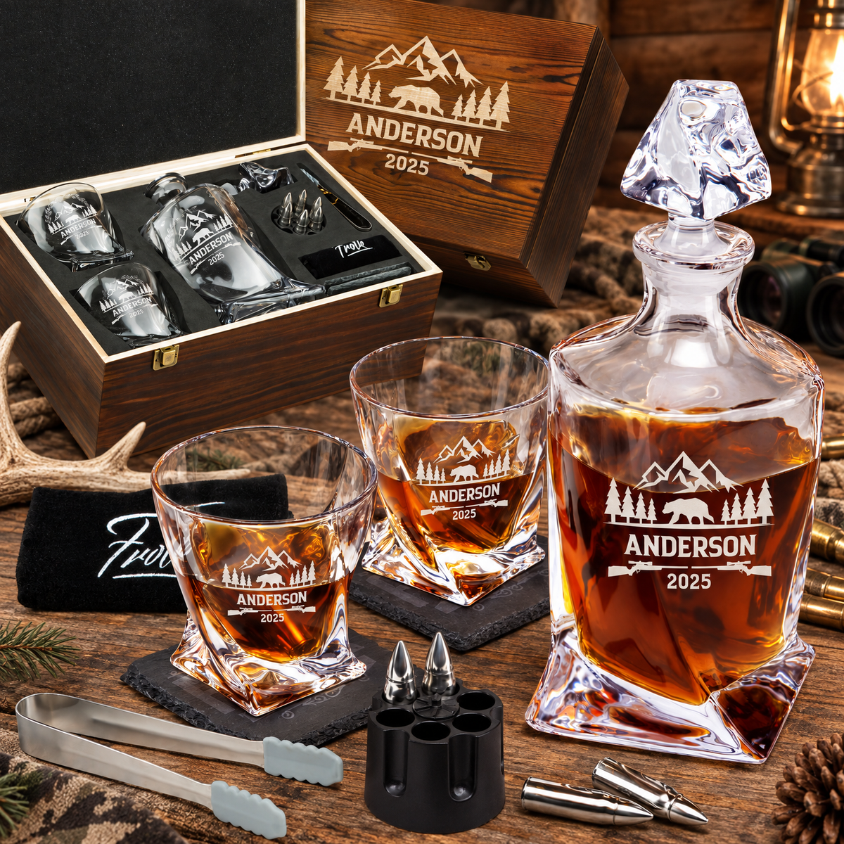 Gift for Hunters – Twisted Decanter Set with 2 Glasses, 6 Whiskey Bullets & Wooden Box product image