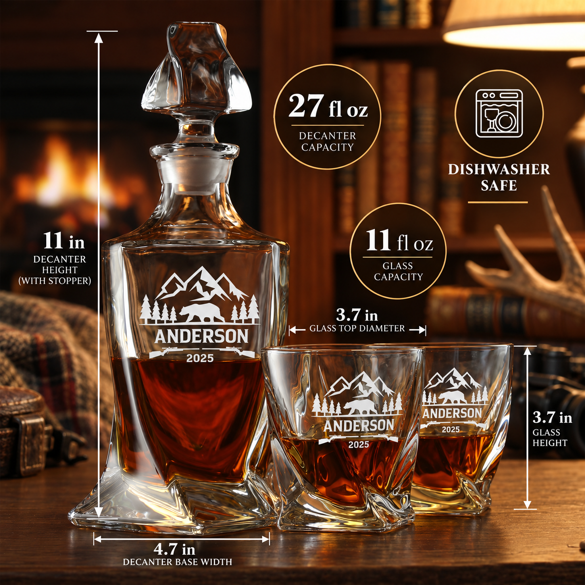 Gift for Hunters – Twisted Decanter Set with 2 Glasses, 6 Whiskey Bullets & Wooden Box product image