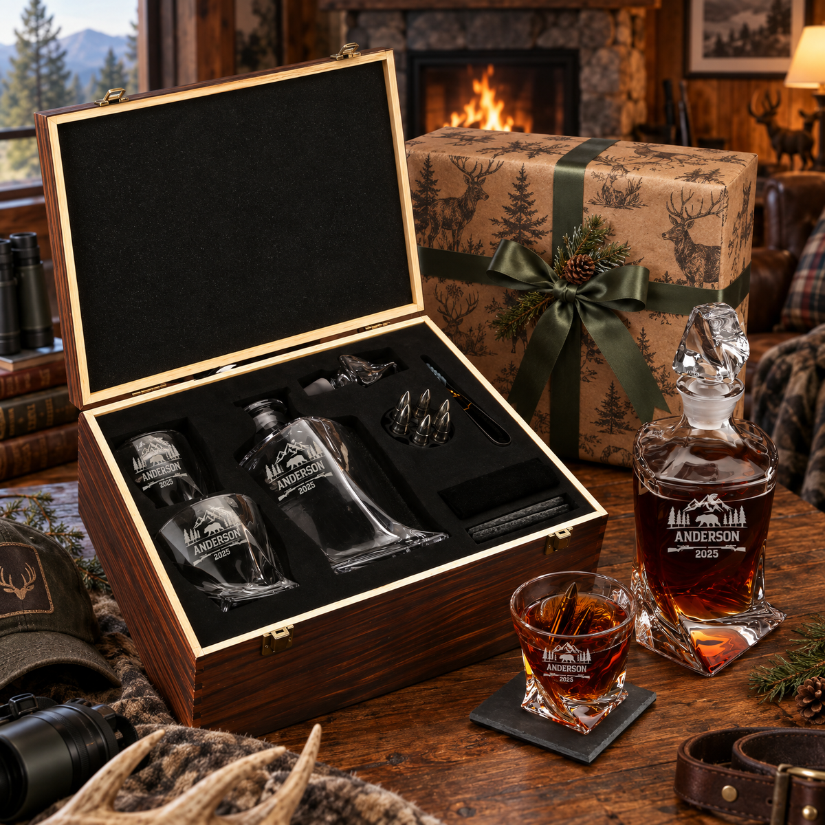 Gift for Hunters – Twisted Decanter Set with 2 Glasses, 6 Whiskey Bullets & Wooden Box – image 08