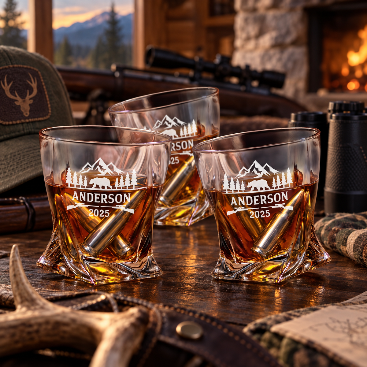 Gift for Hunters – Twisted Decanter Set with 2 Glasses, 6 Whiskey Bullets & Wooden Box – image 10