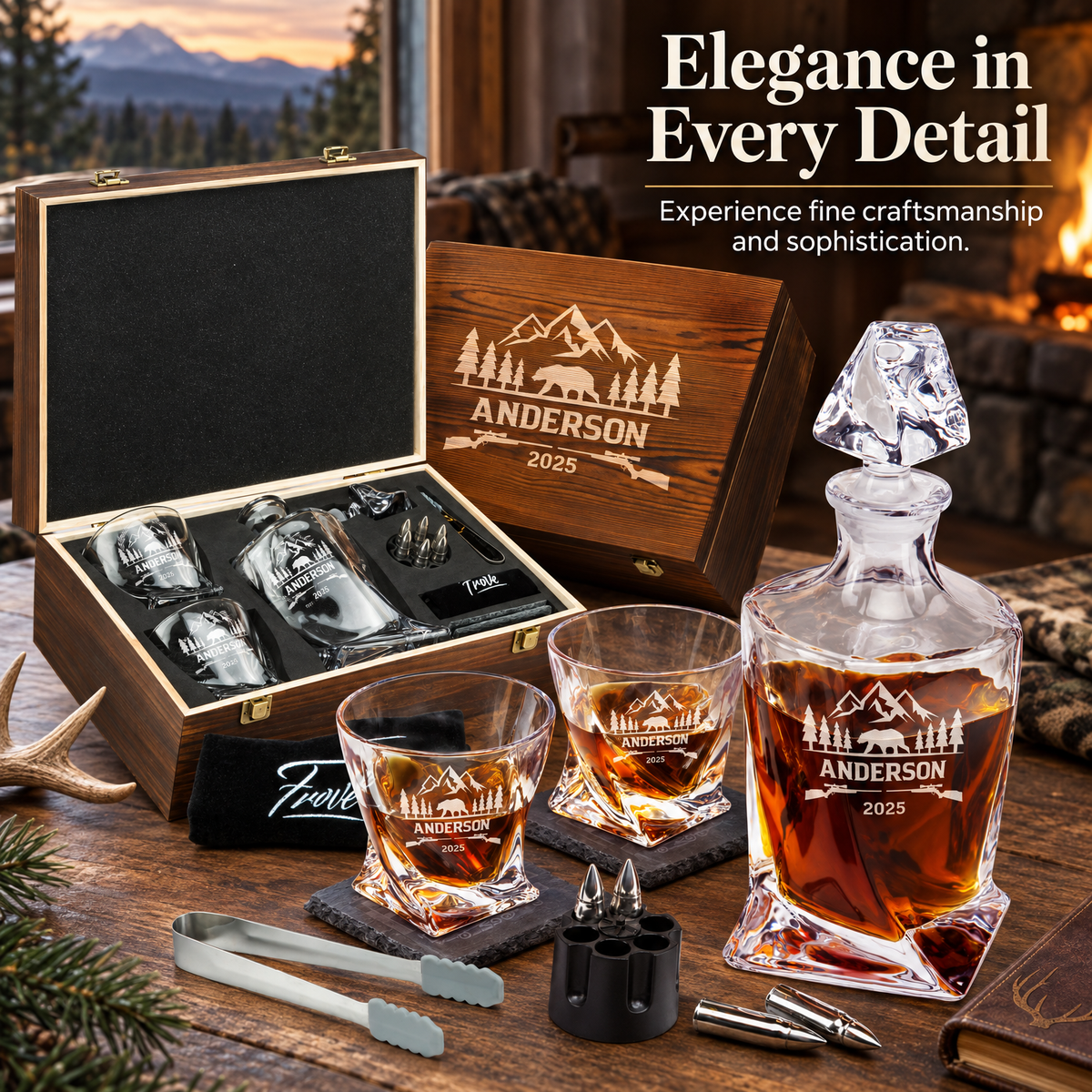 Gift for Hunters – Twisted Decanter Set with 2 Glasses, 6 Whiskey Bullets & Wooden Box – image 12