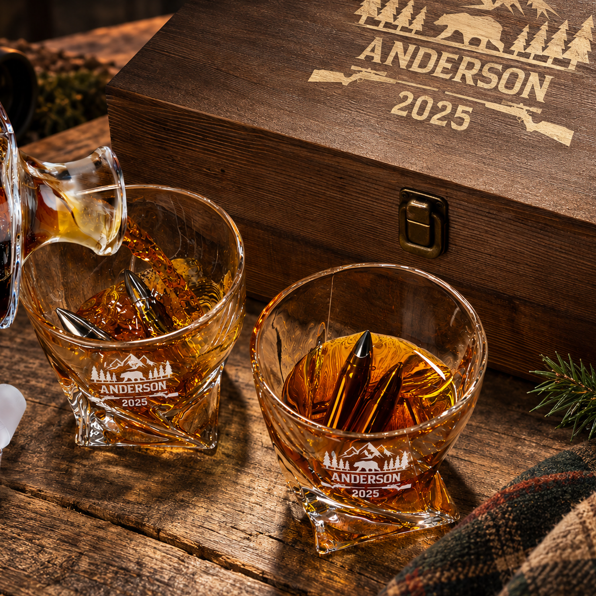 Gift for Hunters – Twisted Decanter Set with 2 Glasses, 6 Whiskey Bullets & Wooden Box product image