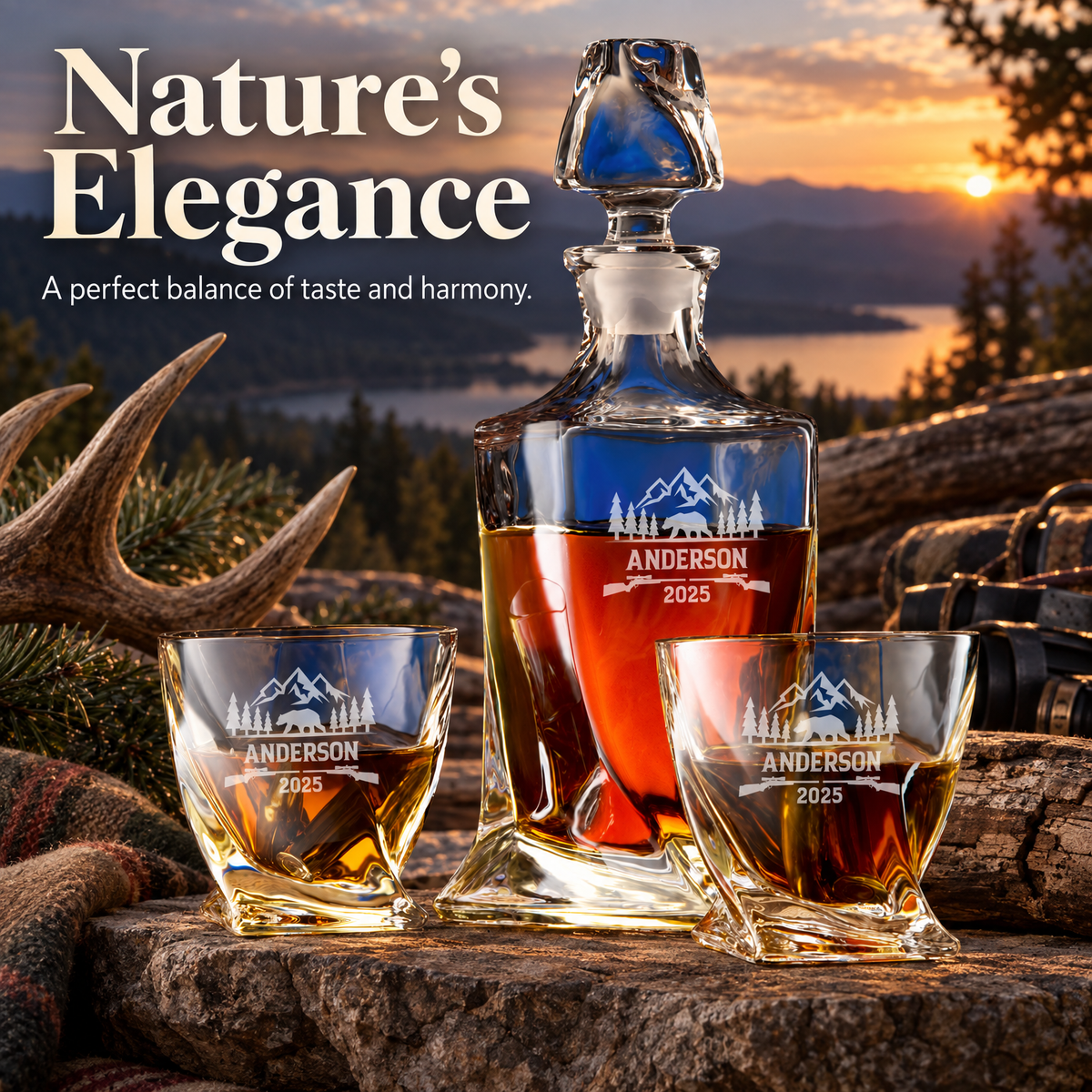 Gift for Hunters – Twisted Decanter Set with 2 Glasses, 6 Whiskey Bullets & Wooden Box product image
